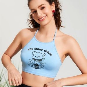 Baby Blue Teddy Bear with Cake Halter Self-Tie Crop Top
